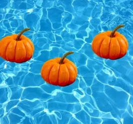 Pumpkins floating in pool